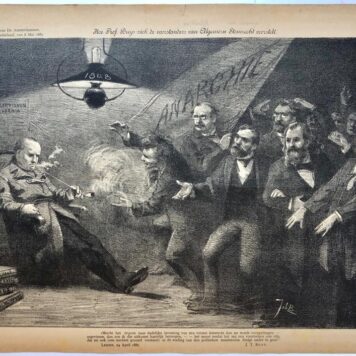 [Original lithograph/lithografie by Johan Braakensiek] Hoe Prof. Buys zich de voorstanders van Algemeen Stemrecht voorstelt, 8 Mei 1887, 1 pp.