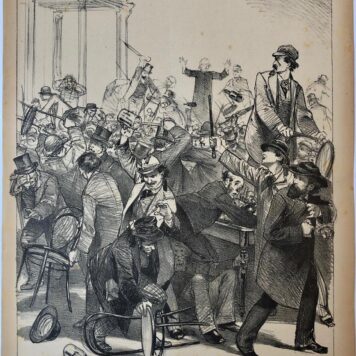 [Original lithograph/lithografie by Johan Braakensiek] De Meeting van de Leo-Vereeniging in "Maison Stroucken", 16 December 1888, 1 pp.