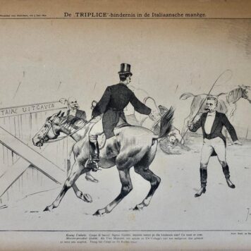 [Original lithograph/lithografie by Johan Braakensiek] De "Triplice"- hindernis in de Italiaanse manège, 5 Juni 1892, 1 pp.