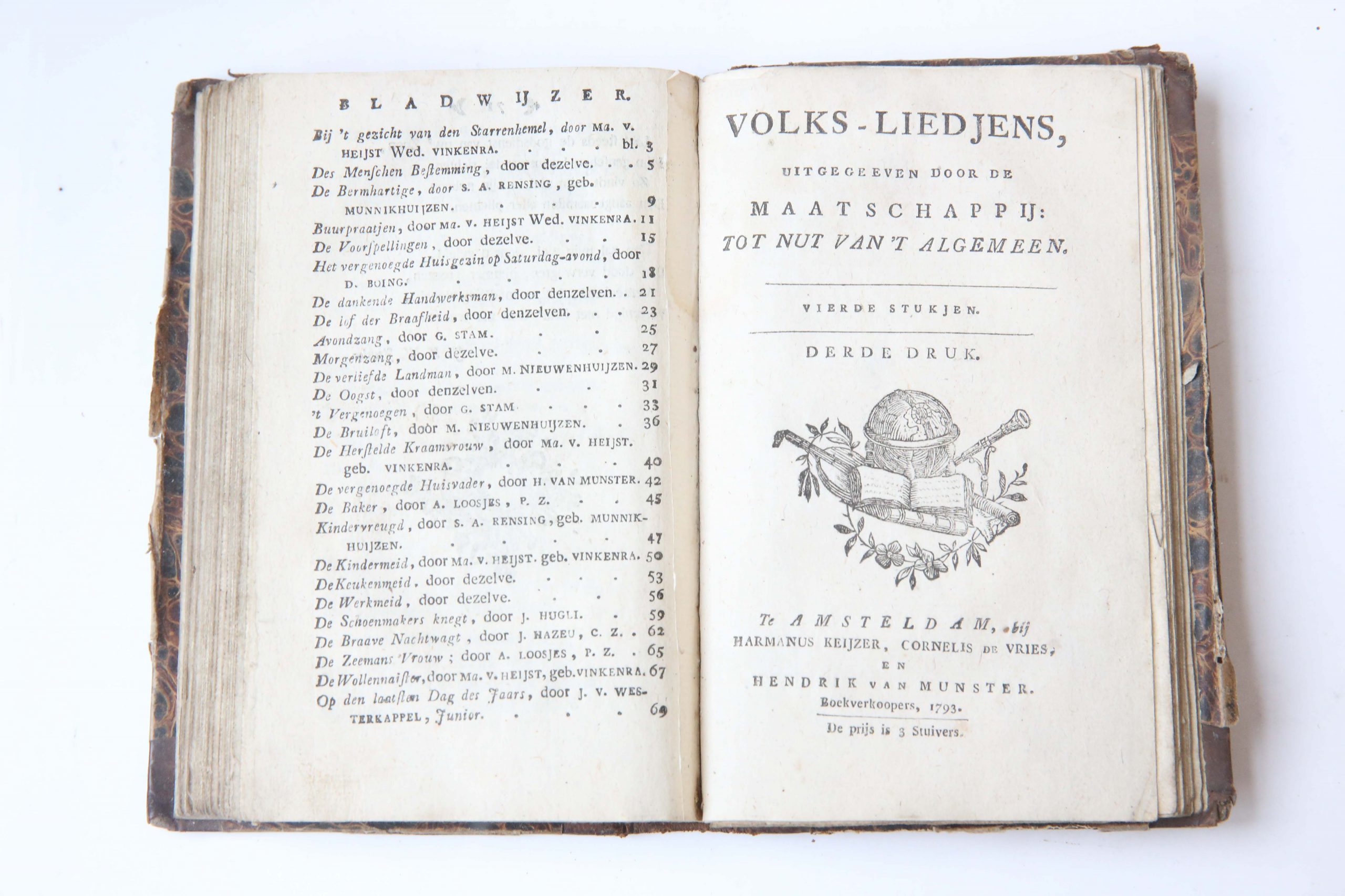  - Volks-liedjens uitgegeeven door de Maatschappij Tot Nut van 't Algemeen, 1e t/m 4e stukje. 7e- resp. 6e-, 6e-, en 3e- druk. Amsterdam, Keijzer, de Vries, van Munster, 1793.
