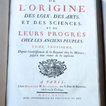De l'origine des loix, des arts, et des sciences et de leurs progres chez les anciens peuples. 3 volumes, Paris, Desaint & Saillant, 1758.