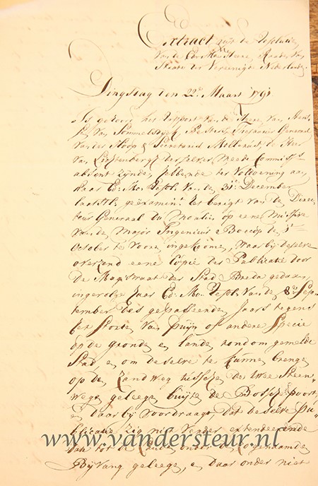 BREDA; VAN BOECOP--- Extract uit het register der resolutien van de Raad van State, 22 maart 1791. Ondertekend door Jacob Unico Willem graaf van Wassenaer-Obdam (1769-1812) en Jan Hendrik Mollerus (1750-1834). Manuscript, 4 p