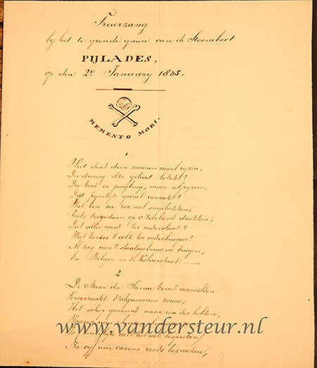 SCHEEPVAART; PYLADES--- 'Treurzang bij het te gronde gaan van de stoomboot Pijlades op den 2-1-1835'. Manuscript gedicht, 4 pag. met getekende versieringen en zwarte rand.