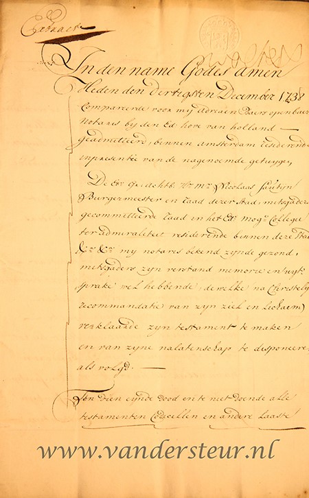 SAUTIJN; KARSEBOOM--- Testament van Nicolaas Sautijn, burgemeester van Amsterdam, d.d. 1738. Manuscript, folio, 7 pag.