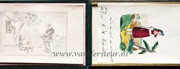 BRUINS--- Album amicorum in de vorm van een oblong doosje met 9 losse blaadjes, uit de jaren 1829-1847. De meeste inschrijvingen en tekeningen van leden van de familie Bruins.