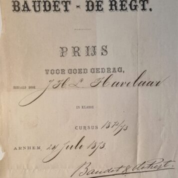 ARNHEM, BAUDET, DE REGT, HAVELAAR--- Prijsformulier van Instituut Baudet-De Regt, Arnhem 1873, ten name van J.H.L. Havelaar. Folio, 1 pag., deels gedrukt.