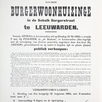 LEEUWARDEN, POSTHUMUS--- Aanplakbiljet Leeuwarden 1905 betr. verkoop woonhuis, Schalk Burgerstraat 21, in eigen gebruik bij wed. B.D. Posthumus. 1 blad, plano, gedrukt.