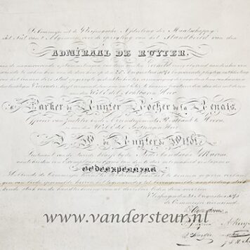 RUYTER, DE; VLISSINGEN--- Diploma voor mr. Parker de Ruyter Rocher de la Renais en J.W. de Ruyter de Wildt behorende bij een gedenkpenning t.g.v. het onthullen van het standbeeld voor Michiel de Ruyter te Vlissingen. 1 blad, perkament, gekalligrafeerd, 35x45 cm.