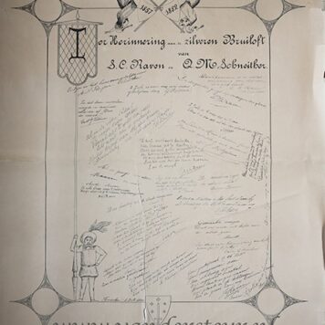 RAVEN, SCHNEITHER--- Gedenkplaat t.g.v. zilveren huwelijk te Haarlem van S.C. Raven en Q.M. Schneither 2 juli, 1857-1882. Groot blad, plano, gelithografeerd, beschadigd op de vouwen.