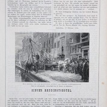 DRENKELINGEN, PAARDEN--- Houtgravure van 'het redden van een paard door middel van Sinck's Reddingstoestel', 10x16 cm. met begeleidende tekst uit Eigen Haard 1884. 2 pag., gedrukt.