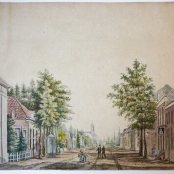 AQUAREL--- Aquarel van een Dorpsstraat met pomp, kerk en personen. 19e eeuws, 28x36 cm. Anoniem.