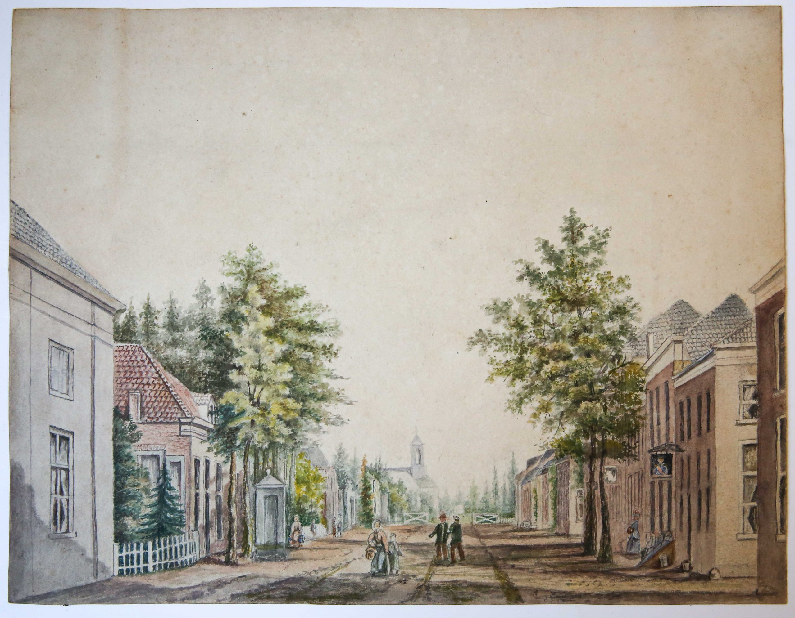 - AQUAREL--- Aquarel van een Dorpsstraat met pomp, kerk en personen. 19e eeuws, 28x36 cm. Anoniem.