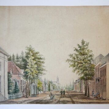 AQUAREL--- Aquarel van een Dorpsstraat met pomp, kerk en personen. 19e eeuws, 28x36 cm. Anoniem.