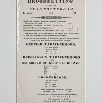 ROTTERDAM, BAKKERIJ--- Broodzetting voor de stad Rotterdam 184?. 1 blad, plano, gedrukt (bij wed. Van Waesberge).
