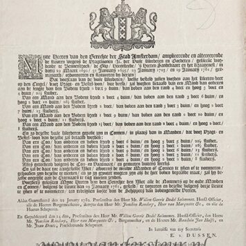BLEKERIJEN TE HEEMSTEDE C.A.--- Publicatie van de Heeren van den gerechte van Amsterdam d.d. 22-1-1782, betr. vrachtlonen der 'vuile kleederen en goederen, gebleekt wordende te Bennebroek, de Glip, Heemstede, 's heeren Sandtvaart en het Kraayenest'. Groot blad, plano, gedrukt (bij P. Mortier), met wapen van Amsterdam in houtsnede.
