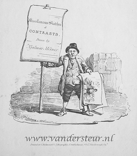  - MORNER, PRENTVERKOPER--- Omslag met afbeelding van een prentverkoper met in de ene hand lose prenten en in de andere hand een bord met tekst 'Miscellaneous sketches of contrasts, drawn by Njalmar Morner.' 40x30 cm., uitg. R. Ackermann, Londen, 1831.