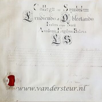 LEIDEN, ERUDIENDO ET OBLECTANDO, HELLER--- Lidmaatschaps bul voor de medisch student Jan Rudolph Heller van het gezelschap Erudiendo et Oblectando te Leiden, d.d. 12-12-1828. Gecalligrafeerd op perkament, oblong, met zegel.