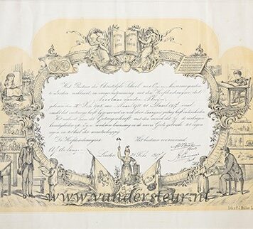 LEIDEN, ONDERWIJS, V.D. PLUIJM--- Getuigschrift dat Nicolaas van der Pluijm, geb. 26-2-1905, van 1911 tot 1917 de chr. school voor on- en minvermogenden te Leiden heeft doorlopen. D.d. Leiden 28-2-1917. 1 blad, 33x40 cm., deels gedrukt (litho P.J. Mulder, Leiden).
