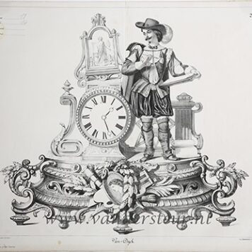 KLOK, UURWERK, PENDULE--- Twintig grote (ca. 40x60 cm.) gelithografeerde bladen met afbeeldingen van pendules, de pendules voorzien van menselijke figuren ernaast of erboven en veel ornamentiek, 19e eeuw.