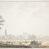 AMERONGEN--- Aquarel in grijs en sepia 'Vue de l'eglise d'Amerongen', 35x50 cm., geplakt op karton, enkele scheurtjes.