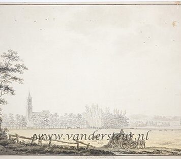 AMERONGEN--- Aquarel in grijs en sepia 'Vue de l'eglise d'Amerongen', 35x50 cm., geplakt op karton, enkele scheurtjes.