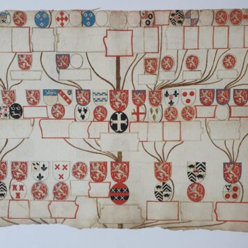 HALMAEL, VAN--- Genealogisch schema betr. de familie Van Halmael in de middeleeuwen. Tekening in kleur met afb. van veel familiewapens, 17e eeuws. 5 pag., 30x45 cm. elk.