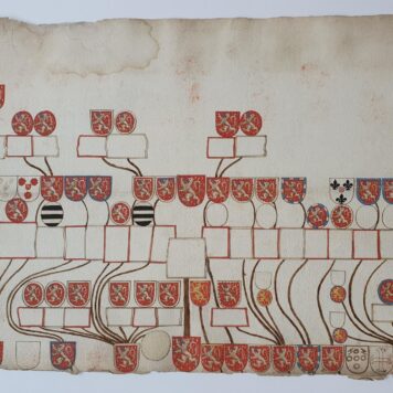 HALMAEL, VAN--- Genealogisch schema betr. de familie Van Halmael in de middeleeuwen. Tekening in kleur met afb. van veel familiewapens, 17e eeuws. 5 pag., 30x45 cm. elk.