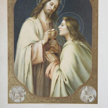 PARMENTIER, MADE--- Gedachtenisprent H. Communie voor Gerarda Parmentier, d.d. 4-5-1915, in de kerk van het pensionaar St. Jozef te Made. 1 blad, chromolitho+handschrift.