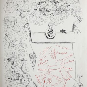 STUDENTEN, BORGER, FAURE, UTRECHT--- Gedachtenisprent betr. de installatie van een aantal studenten op 21-11-1878 in het gezelschap Elias A. Borger. Ontwerper: Faure. 55x40 cm., gedrukt.