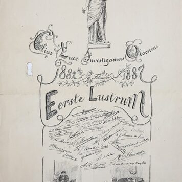 STUDENTEN, ELIO, UTRECHT--- Gedachtenisprent 1e lustrum Elius Luce Investigamus Obscura, 9-2-1882/1887, 50x30 cm., met afb. betr. studie en handtekeningen. Gedrukt.