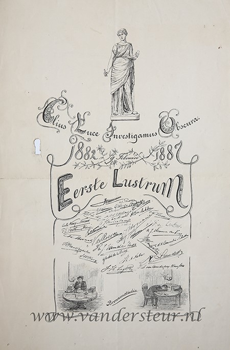  - STUDENTEN, ELIO, UTRECHT--- Gedachtenisprent 1e lustrum Elius Luce Investigamus Obscura, 9-2-1882/1887, 50x30 cm., met afb. betr. studie en handtekeningen. Gedrukt.