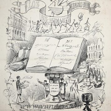 STUDENTEN?, UTRECHT--- Gedachtenisprent 'Los Bos-Hermanos Mezeranos-bloedworst, De Helden van het Stadhuis, 1 juli 1883 - 1 april 1885'. Litho Nikerk te Utrecht, 52x43 cm., gedrukt.