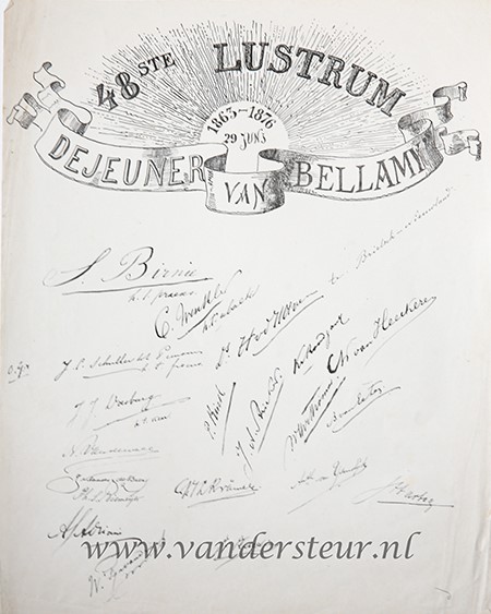  - STUDENTEN, UTRECHT, BELLAMY--- Gedachtenisprent '48e lustrum, 29-6-1863-1876 Dejeuner van Bellamy', 43x33 cm., gedrukt.