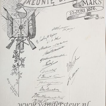 STUDENTEN, UTRECHT--- Gedachtenisprent 'Reunie-diner Mars 23-6-1876'. Litho van Grolman met tekening van schietschijf en handtekeningen. 42x32 cm., gedrukt.