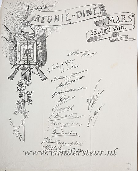 STUDENTEN, UTRECHT--- Gedachtenisprent 'Reunie-diner Mars 23-6-1876'. Litho van Grolman met tekening van schietschijf en handtekeningen. 42x32 cm., gedrukt.