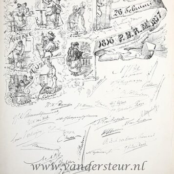 STUDENTEN, UTRECHT--- Gedachtenisplaat '26 Februari 1816 P.H.R.M. 1877', litho van Grolman, met afbeelding van moderne muzen en handtekeningen, 58x48 cm., gedrukt.