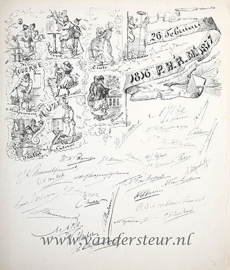 STUDENTEN, UTRECHT--- Gedachtenisplaat '26 Februari 1816 P.H.R.M. 1877', litho van Grolman, met afbeelding van moderne muzen en handtekeningen, 58x48 cm., gedrukt.