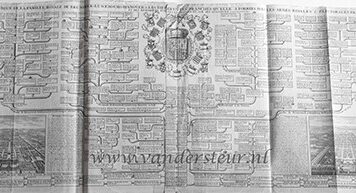Carte genealogique de la famille royale de Brunswick-Lunebourg-Hannover et ses differentes branches qu’elle a formées avec les armes roiales et electorales de cette famille, groot blad, 40 x 103 cm., 18e-eeuws, met 34 gegraveerde familiewapens en twee gegraveerde gezichten op de kastelen Wolfenbuttel (?) en Hannover (?).