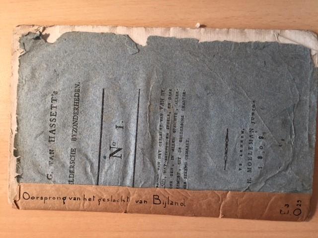 Hasselt, G. van - Geldersche Byzonderheden no 1: Oorsprong van het geslacht Van Byland, met brieven en zegels ..., Arnhem 1808 40 p., met gravure van zegels