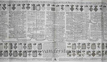 Carte genealogique des comtes de Dreux, des seigneurs de Beaussart et de Morainville, ainsi que les ducs de Bretagne et des comtes de Vertus, groot blad, 43 x 98 cm, 18e-eeuws, met 68 gegraveerde familiewapens.