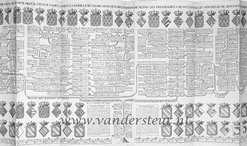 Carte genealogique des rois de France depuis Hugue Capet jusqu’a la famille de Valois, ainsi que des dauphins de Menois, les premiers ducs de Bourgogne, les seigneurs de Montagu, de Sombernou et de Couches, groot blad, 43 x 98 cm, 18e-eeuws, met 63 gegraveerde familiewapens