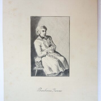 'Barbara Janze', tekening met potlood van een zittende vrouw, vastgezet met een ketting om haar pols.