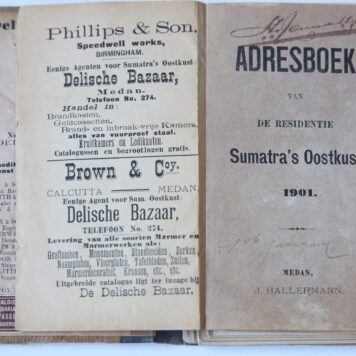 Adresboek van de residentie Sumatra's Oostkust, Medan, Hallermann, 1901. Addressbook of the residence Medan at the East coast of Sumatra, published by Hallerman, 1901.