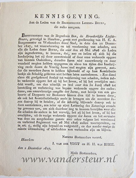  - Kennisgeving aan de leden van de Broederlijke Liefde Beurs, d.d. Haarlem, 2-12-1827. 4o, 1 pag., gedrukt.