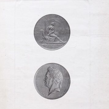 Reliëfgravure, 29x18cm, met 2 muntafbeeldingen, uitgegeven door J. Steuerwald ter gelegenheid van 25 jaar regeringsjubileum van koning Willem I. Op onderste munt de tekst: Gulielmus I. per XXV Annos Rex Neerlandiae. Op bovenste munt de tekst: Manu Tenebo.