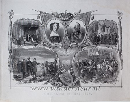 JUBILAEUM 12 MEI 1874. Staalgravure, 52x56cm. Gedenkplaat ter gelegenheid van het 25-jarig regeringsjubileum van Koning Willem III op 12 mei 1874. Naar beeltenissen van J.H. Otterbeek, H.F.C. ten Kate en CH. Roggessen, 1874.