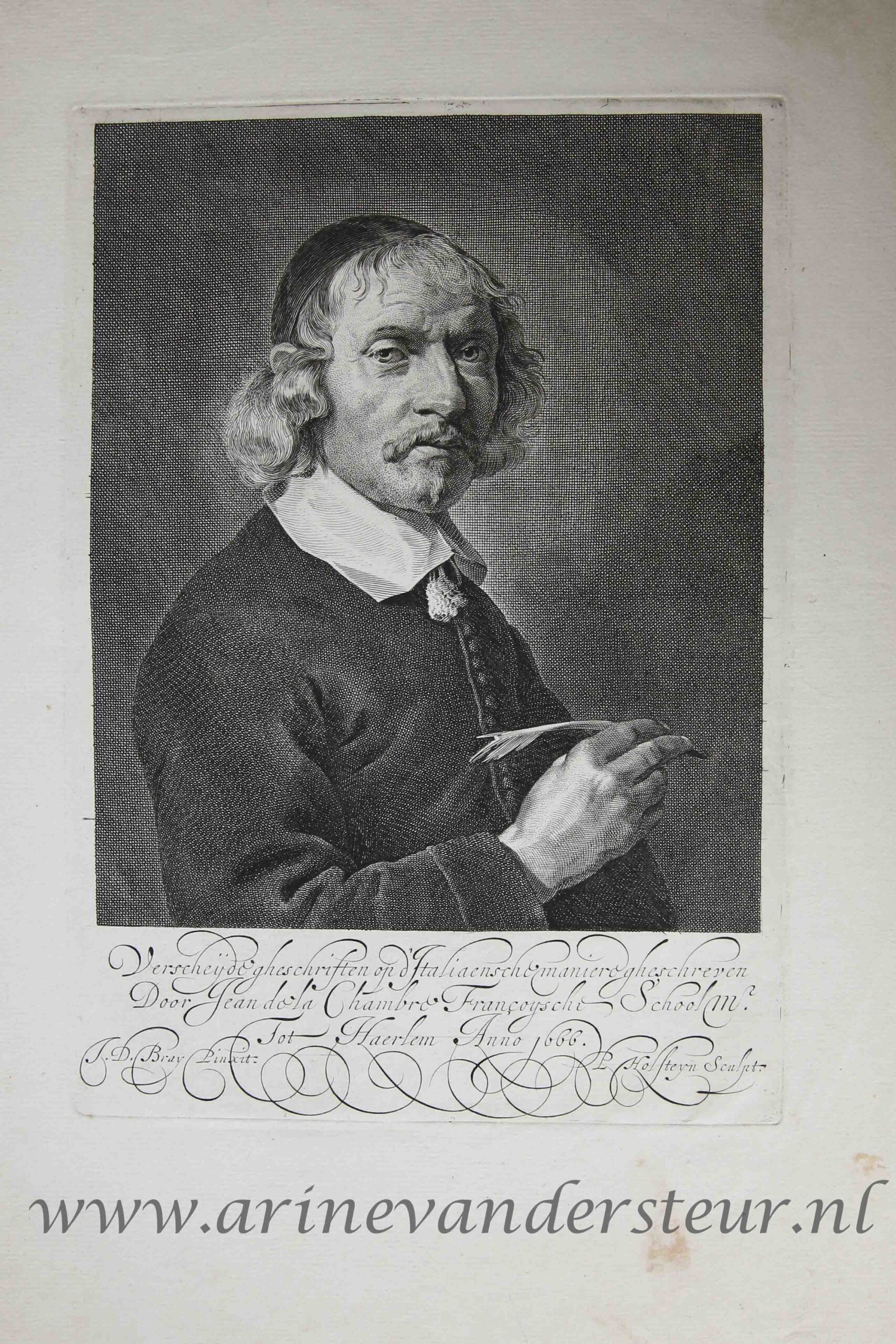 Holsteyn, Pieter (II) (1614-1673), after Bray, Jean de (1626/27-1697) - [Antique portrait print, engraving, 1666] Verschede gheschriften op... (Portrait of Jean de la Chambre), published 1666, 1 p.