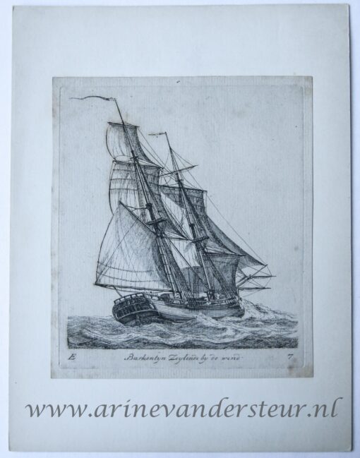 [Antique print, etching] Barkentijn Zeylende by de wind; Verscheide soorten Hollandse schepen - E (serie title), published ca 1826, 1 p.