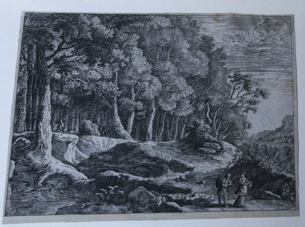 [Antique print, etching] Peasants by a stream (boeren bij een stroom in een landschap), publishing date unknown, 1 p.
