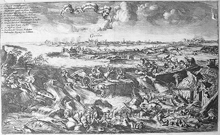 [Antique print, etching] Dijkdoorbraak bij Coevorden [Dike breach at Coevorden, 1st October 1673], published 1675.